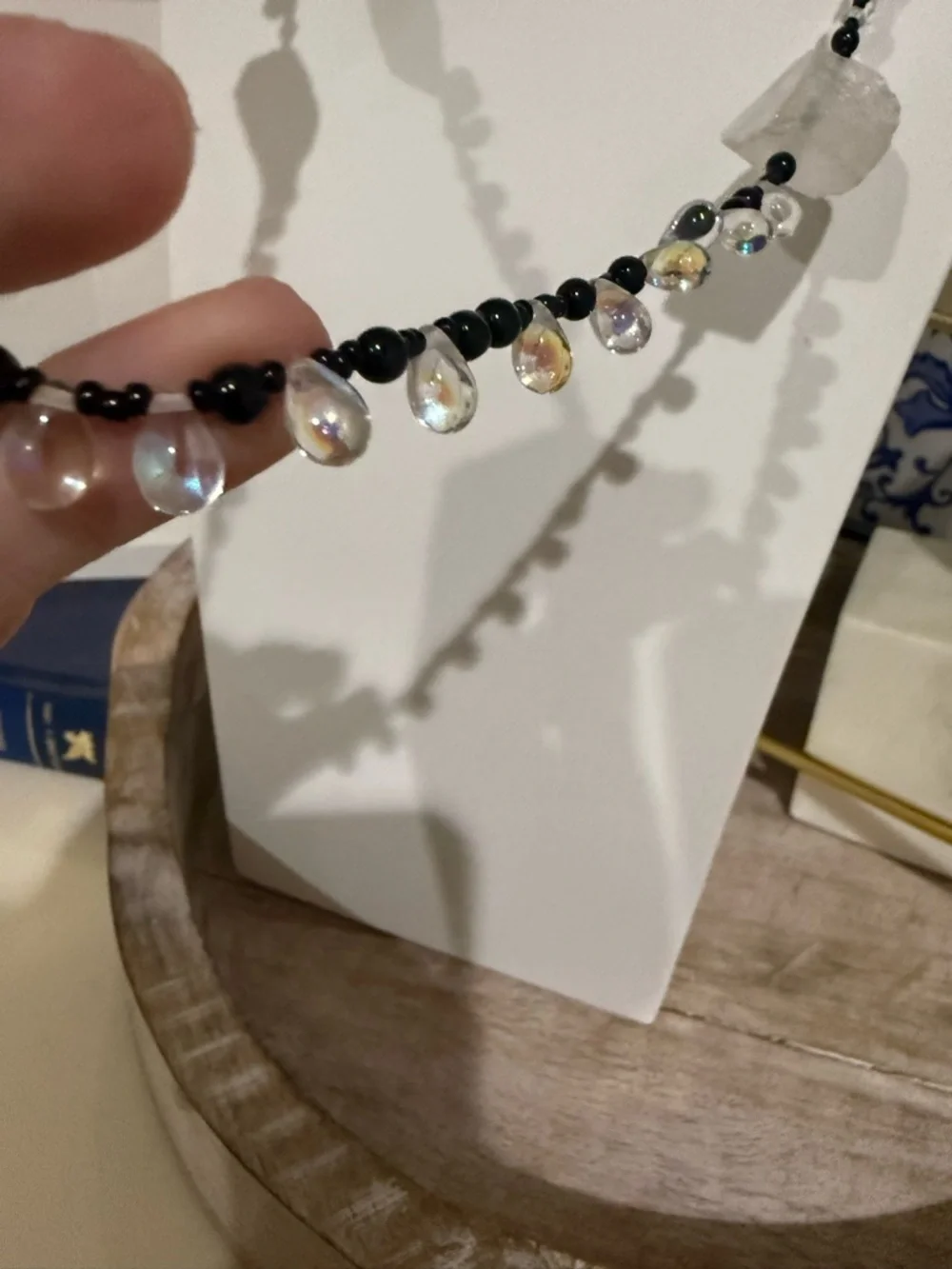 Long Black Beaded Necklace With Rock Crystal and Iridescent Beading